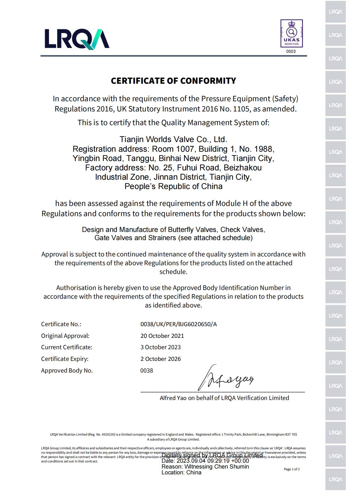 UKCA PER UK Pressure Equipment Safety Regulations certificate