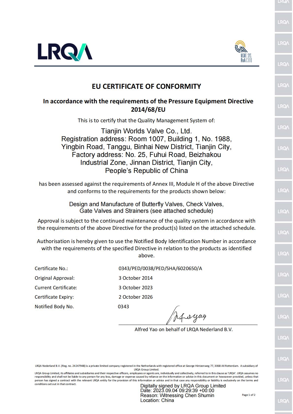 EU PED CE Pressure Equipment Directive certificate
