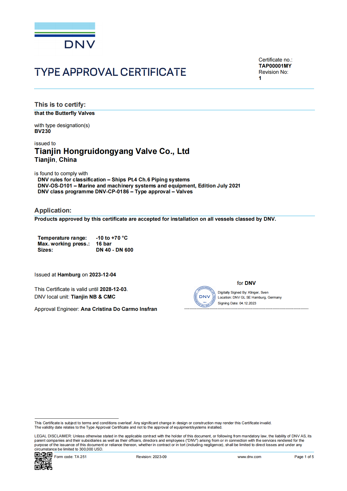 DNV Butterfly Valve Certificate