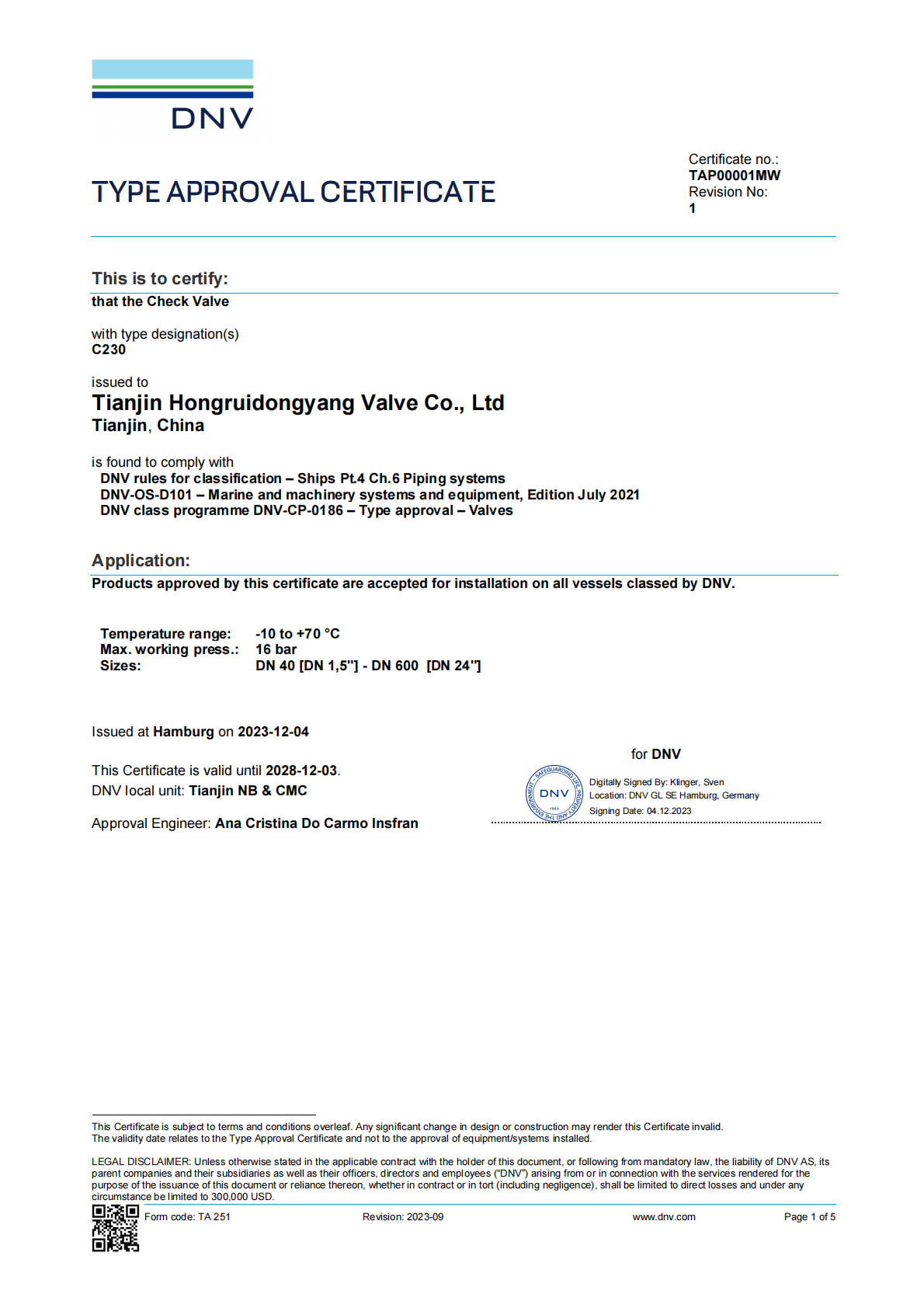 DNV Check Valve Certificate