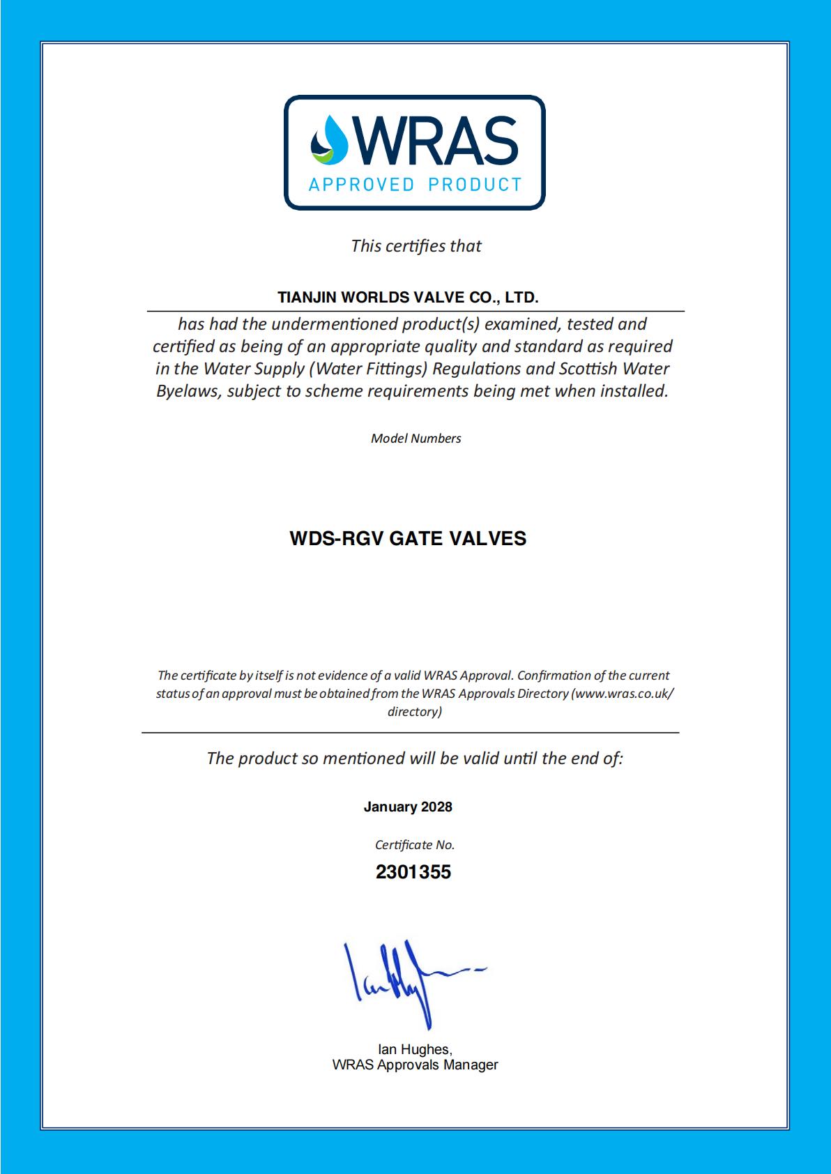 WRAS Approval certificate for gate valve potable water compliance