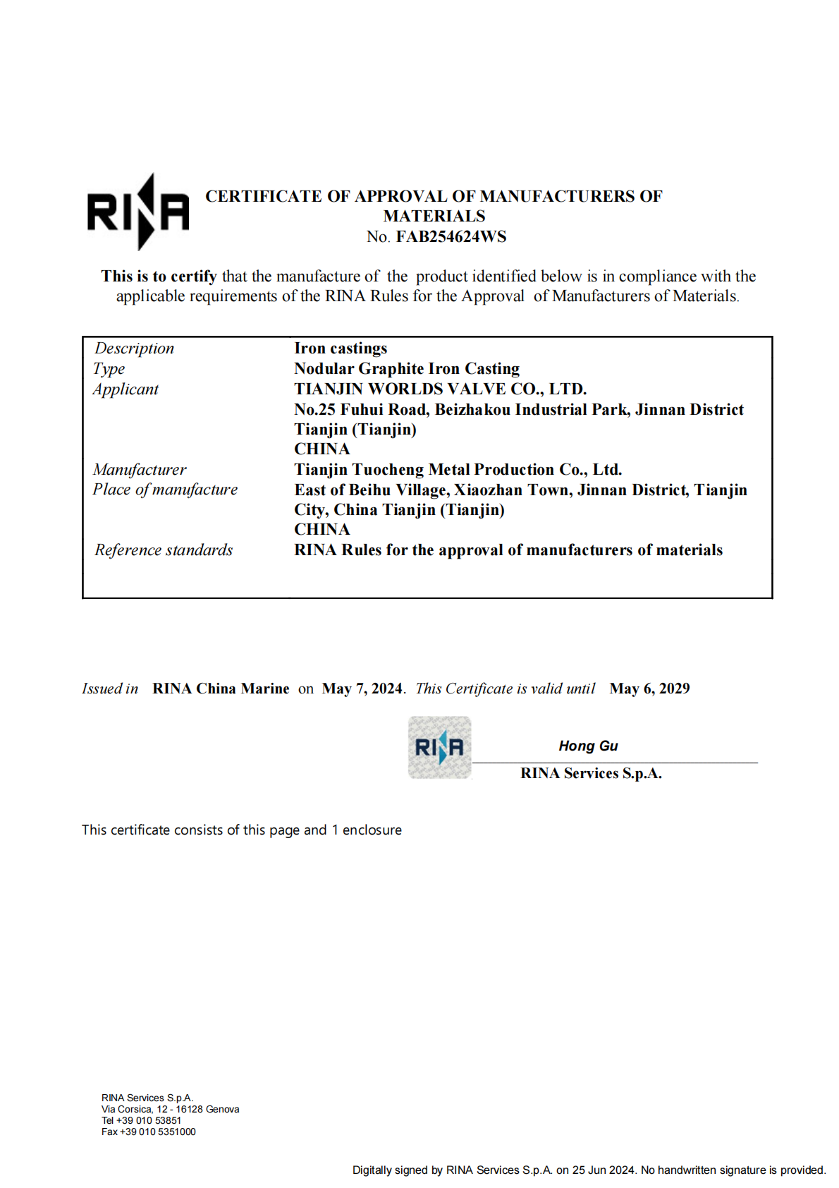 RINA Certificate