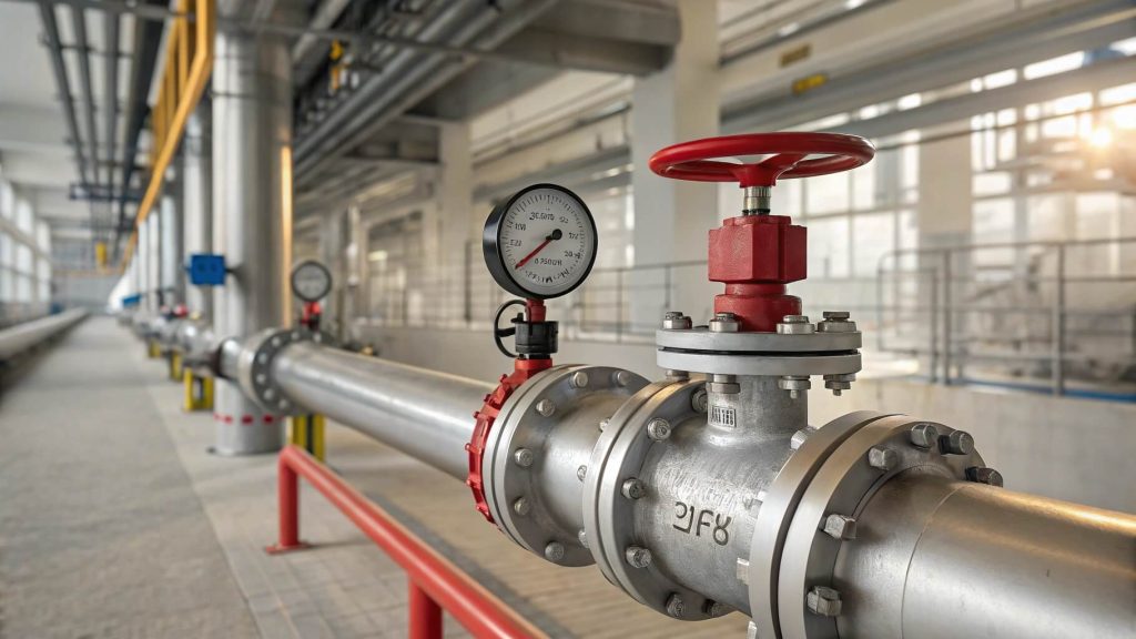 Large red-handled ball valve controlling flow in stainless steel pipeline system at industrial facility
