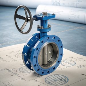 Close-up of a blue industrial butterfly valve on engineering blueprints