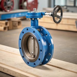 Industrial butterfly valve with blue epoxy coating showing detailed body and disc design on workshop background