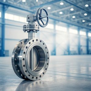 High-precision stainless steel butterfly valve in a modern industrial factory setting, symbolizing engineering reliability and product quality.