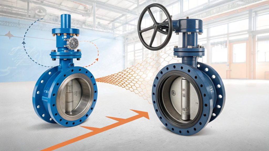 Technical comparison between resilient-seated and double-offset high-performance butterfly valves with flow dynamics illustration.