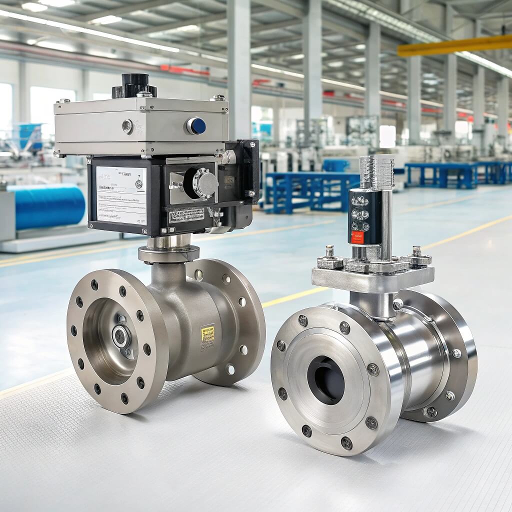 Stainless steel solenoid valve and butterfly valve displayed in a modern valve manufacturing factory workshop