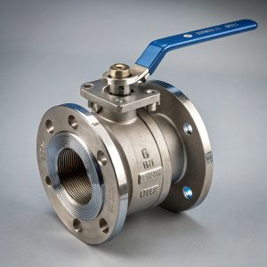 Industrial ball valve with blue epoxy coating and chrome-plated mechanism on gray background