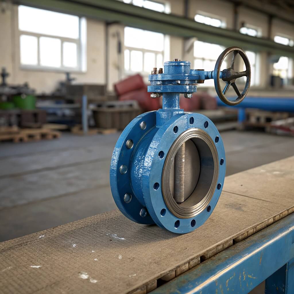 Close-up of a blue epoxy-coated butterfly valve with handwheel operator displayed on a metal workbench in a factory.