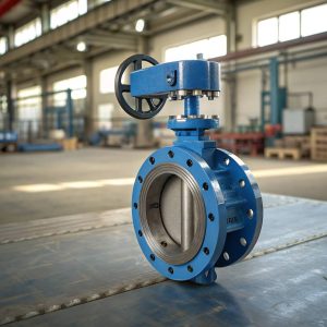 Close-up view of a blue industrial butterfly valve on a steel workbench in a manufacturing facility