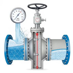 A high-detail photo of a blue flanged industrial butterfly valve, standing on a pristine factory floor, representing a key component in fluid flow systems.