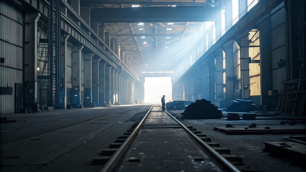 Industrial factory corridor with dramatic light leading to a bright opening, symbolizing reliability and clarity in manufacturing partnerships.