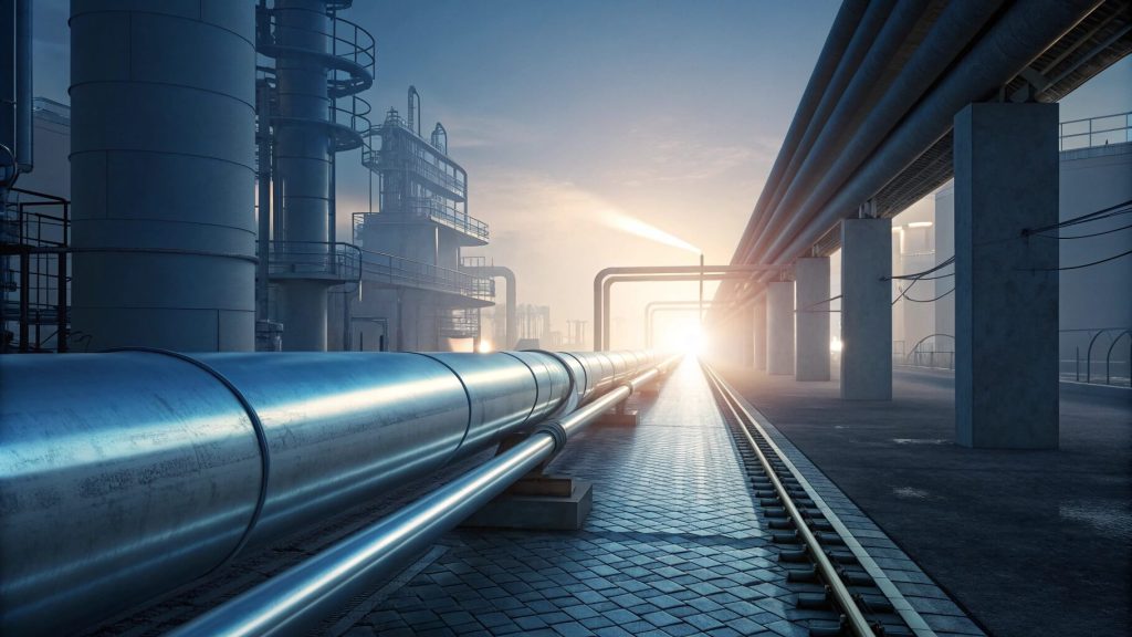 Industrial metal pipelines extending toward sunlight, symbolizing reliable supply chain and efficient fluid systems.