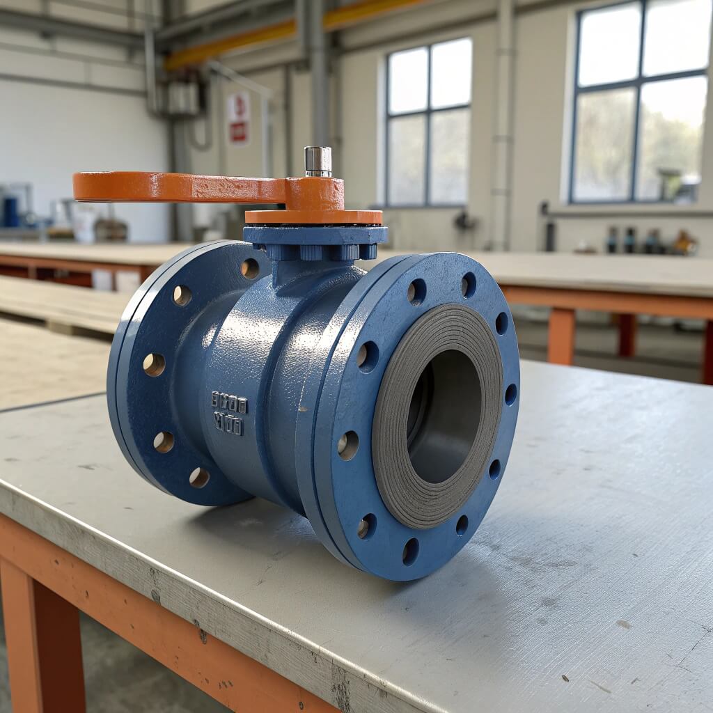 Engineer inspecting an industrial piping system with large steel pipelines and automated valves in a processing facility.