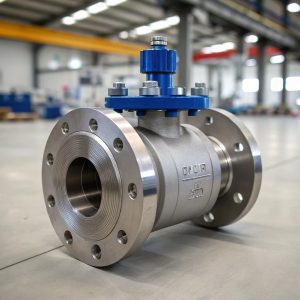 Close-up view of an industrial jacketed ball valve with a blue heating jacket, stainless steel body, and flanged ends, displayed on a workshop floor.