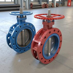 Two industrial butterfly valves, lug type and wafer type, displayed on a factory floor, showcasing realistic casting and epoxy coating details.