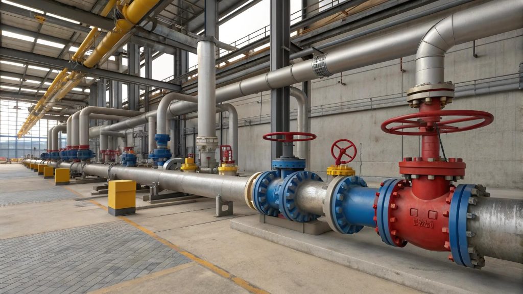 Complex industrial piping network with multiple ball valves showing pressure drop and flow control applications