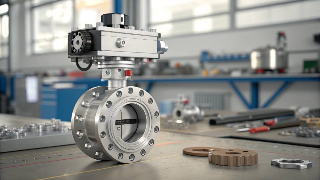 Close-up of pneumatic butterfly valve with solenoid control in a manufacturer’s workshop