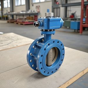 Solenoid operated butterfly valve on workshop table with actuator and flanged body