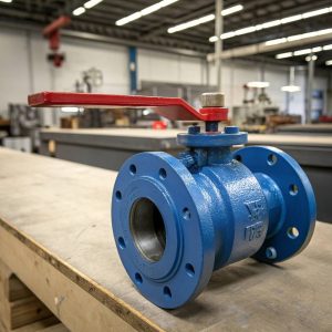 Blue vented ball valve with red handle on a workbench inside an industrial workshop