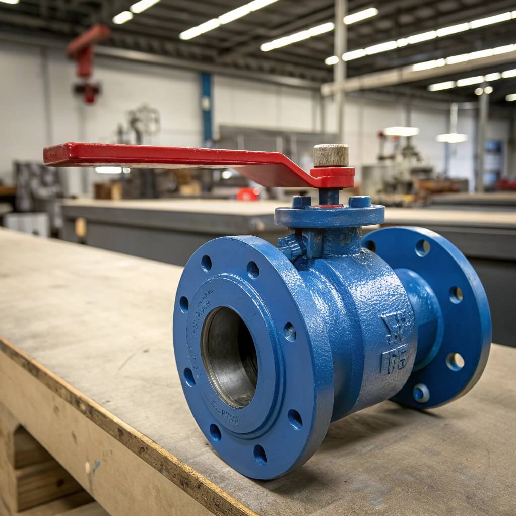 Blue vented ball valve with red handle on a workbench inside an industrial workshop