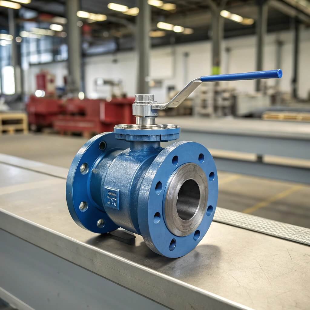 Wafer type ball valve with blue epoxy coating displayed on metal workbench in an industrial factory setting.