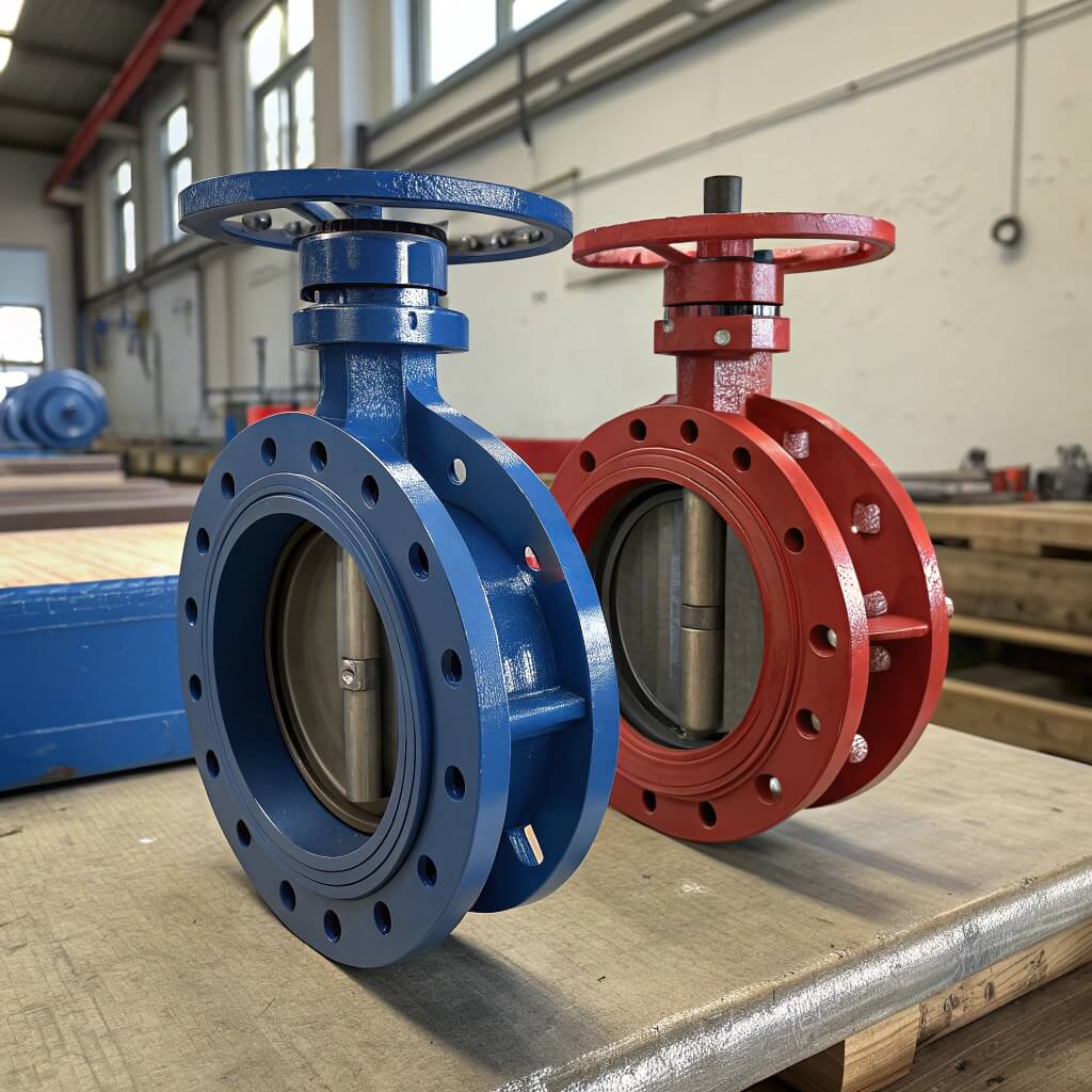 Close-up comparison of wafer and lug style butterfly valves on a workshop table, showing industrial blue and red epoxy-coated bodies with realistic casting textures and bolt patterns.