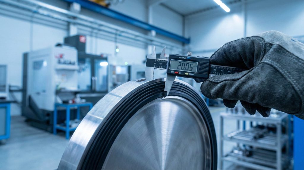 Quality inspection of butterfly valve disc thickness using digital caliper in manufacturing facility