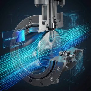 High-performance ball valve internal structure with aerodynamic flow simulation showing low pressure drop