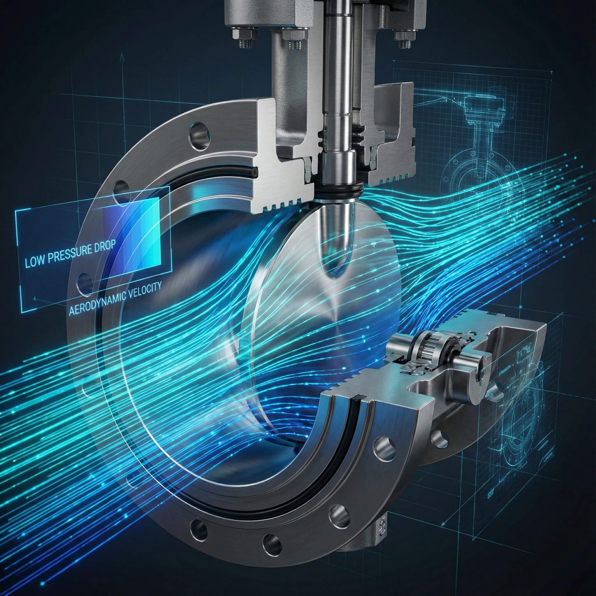 High-performance ball valve internal structure with aerodynamic flow simulation showing low pressure drop