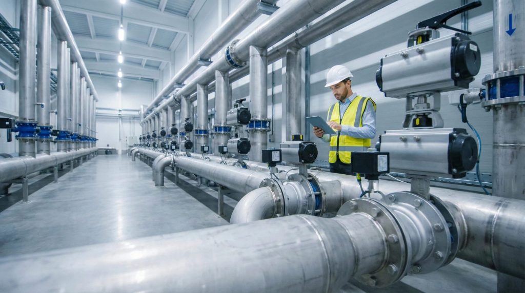 Engineer inspecting industrial pipelines equipped with actuated butterfly valves