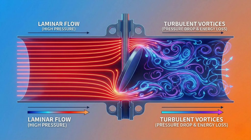 Diagram of laminar to turbulent flow transition through a partially closed butterfly valve