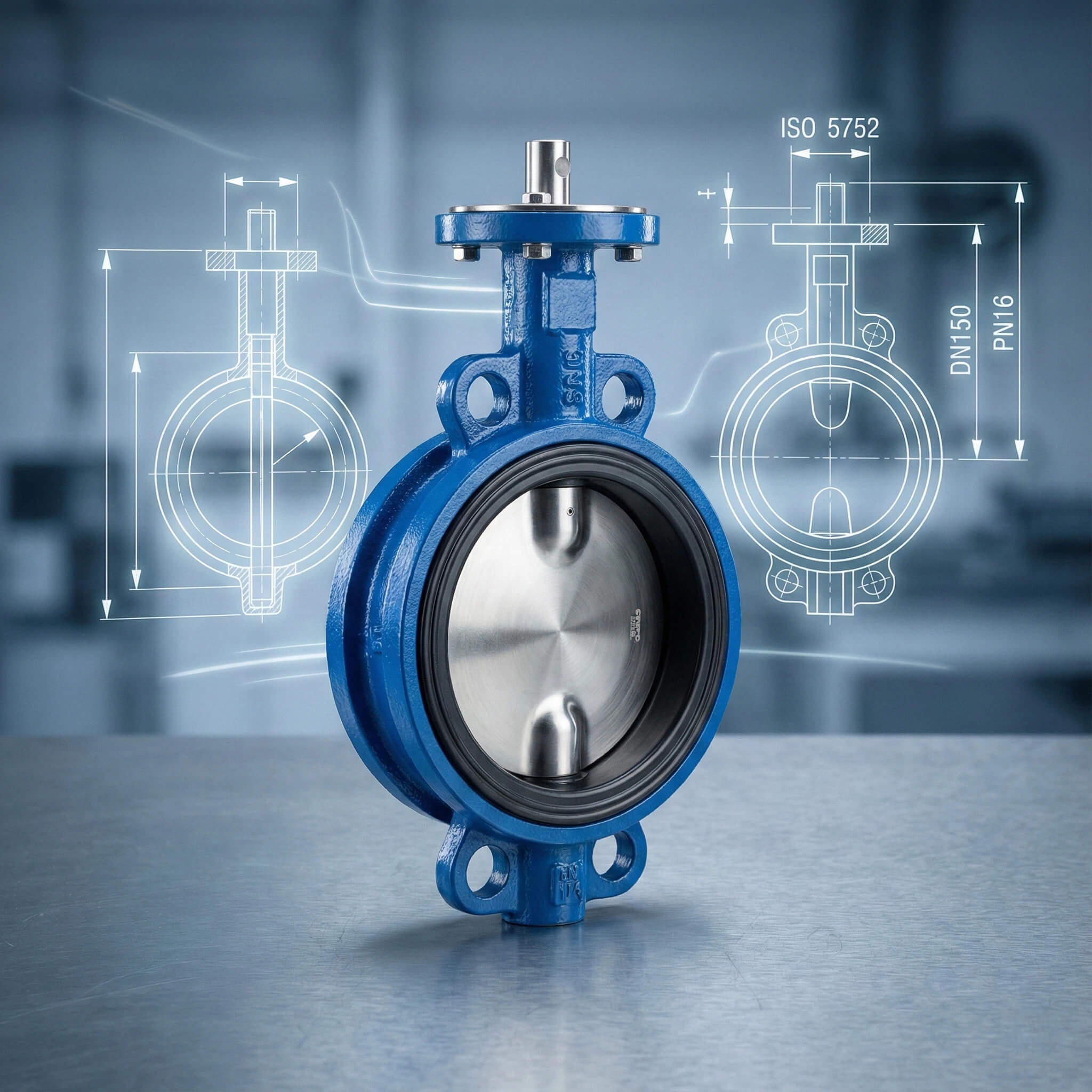 Lug type butterfly valve DN150 PN16 with ISO 5752 engineering technical drawing overlay
