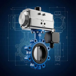 Pneumatic actuator butterfly valve with technical engineering blueprint