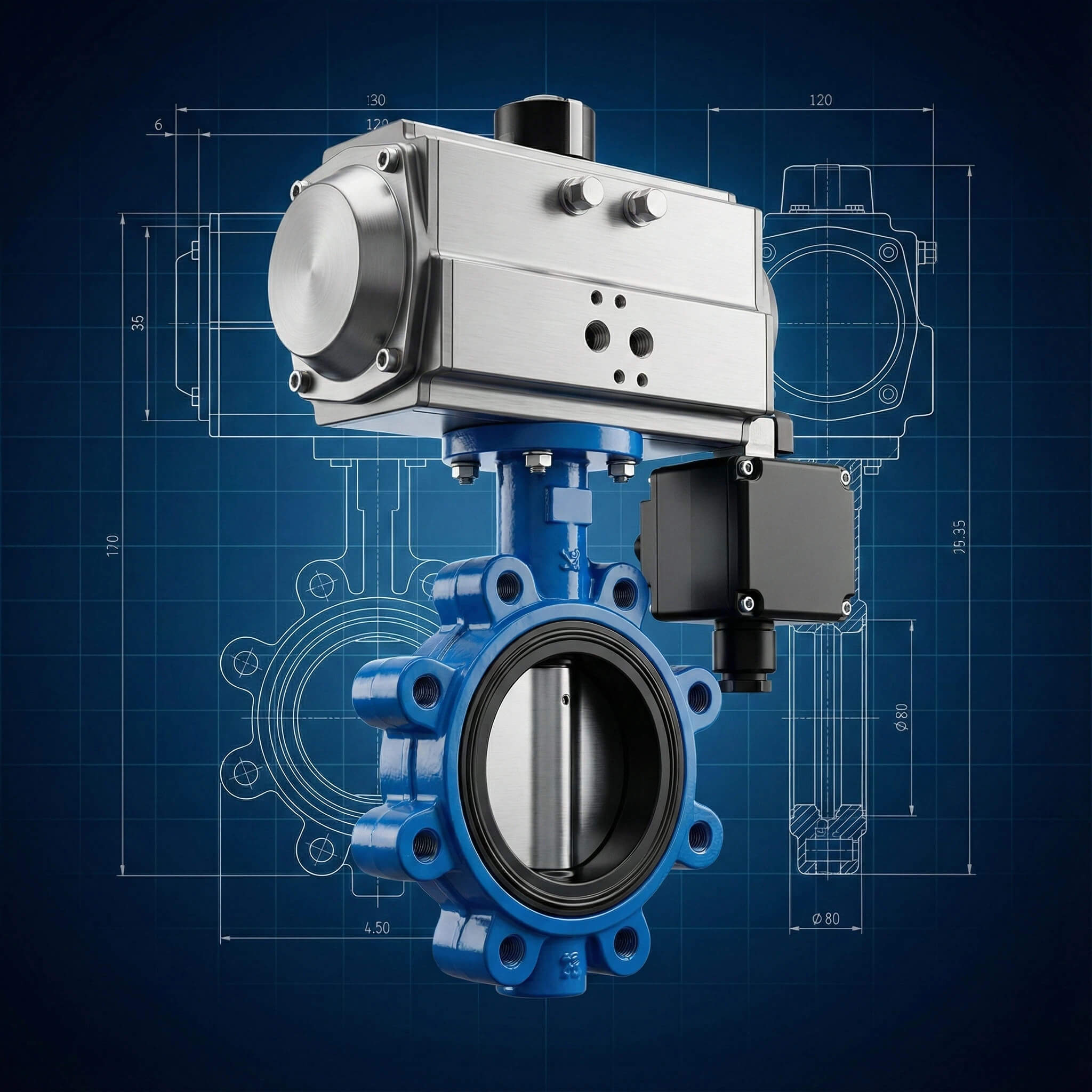 Pneumatic actuator butterfly valve with technical engineering blueprint
