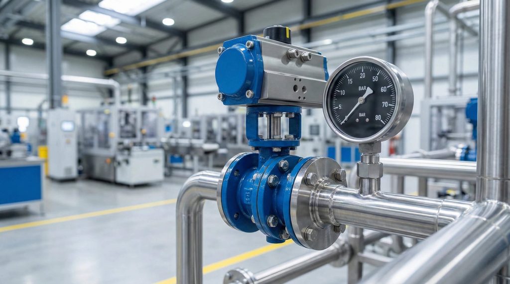 Pneumatic actuator and pressure gauge installed on stainless steel industrial pipeline in a modern manufacturing facility