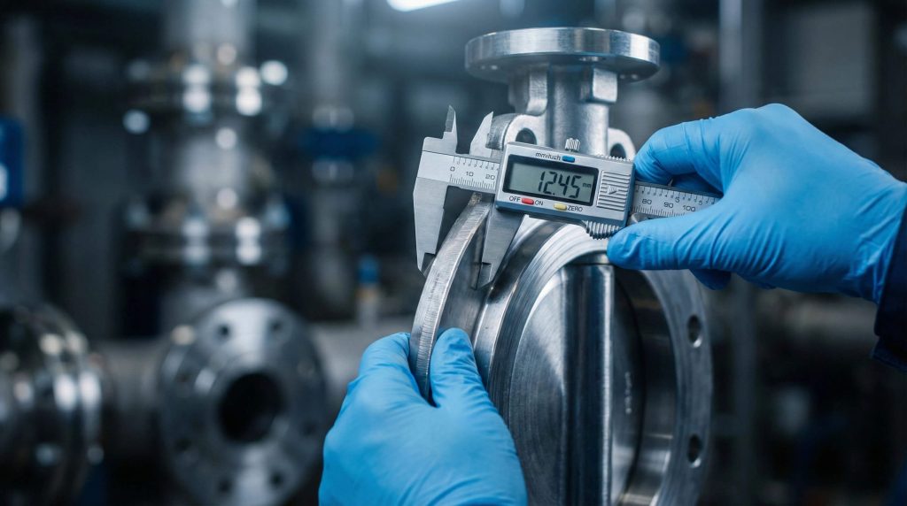 Technician using a digital caliper to measure stainless steel valve flange dimensions in an industrial facility