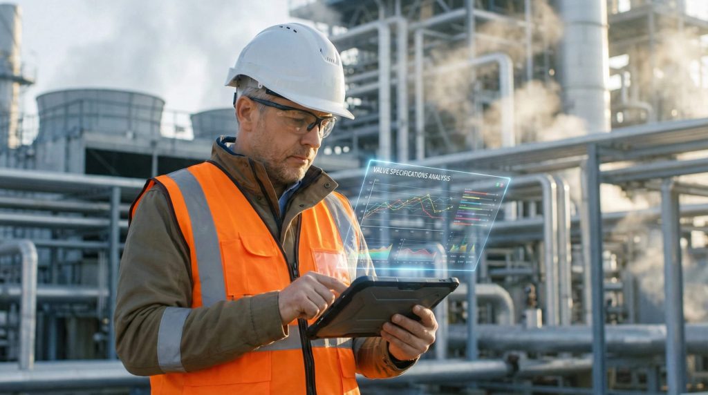 Industrial engineer using augmented analytics for valve performance monitoring at processing plant