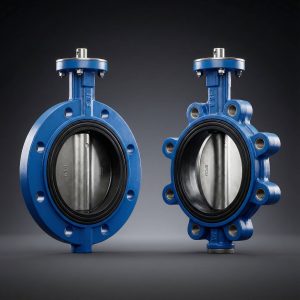 Side-by-side comparison of a blue Wafer style butterfly valve and a Lug style butterfly valve with stainless steel discs on a dark studio background.