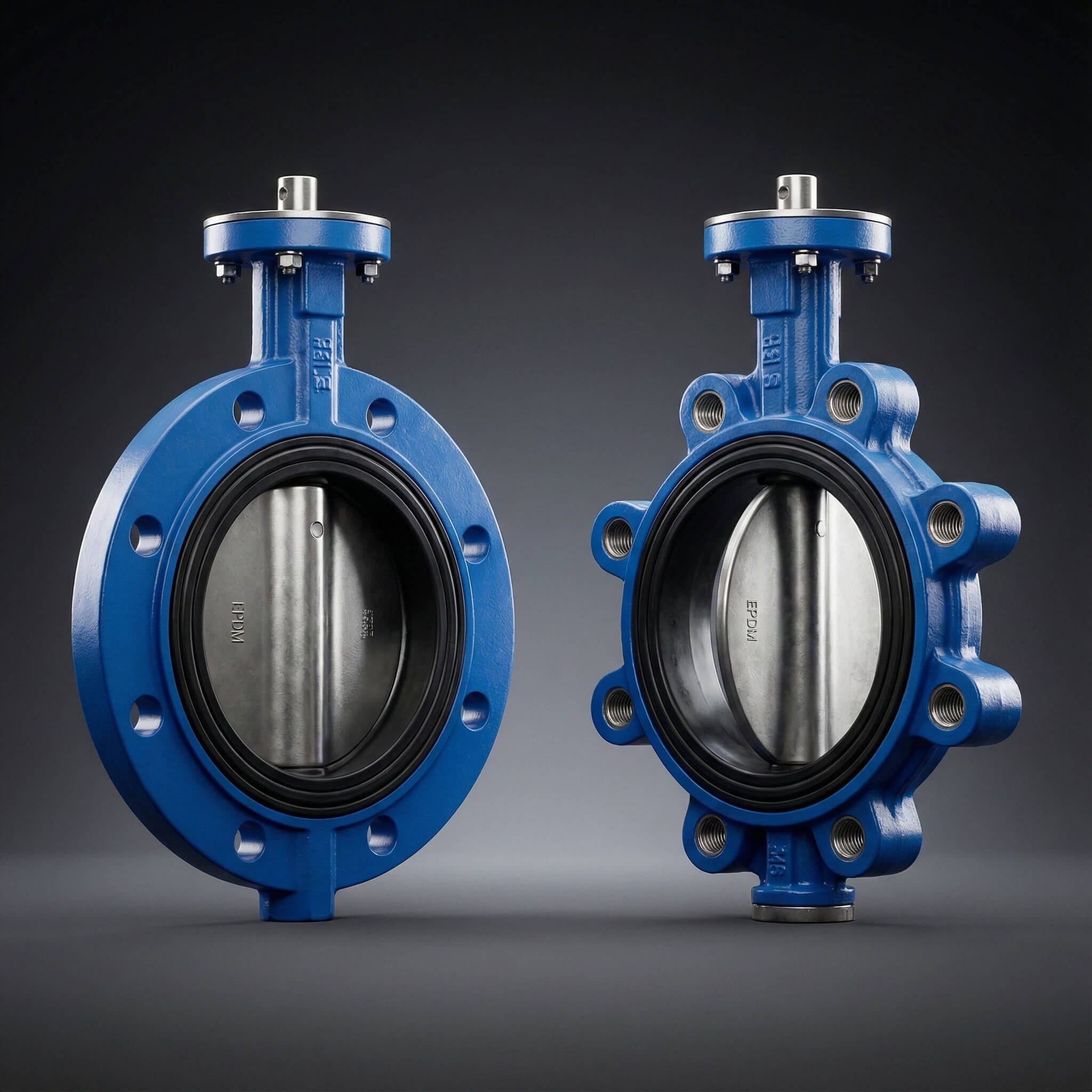 Side-by-side comparison of a blue Wafer style butterfly valve and a Lug style butterfly valve with stainless steel discs on a dark studio background.