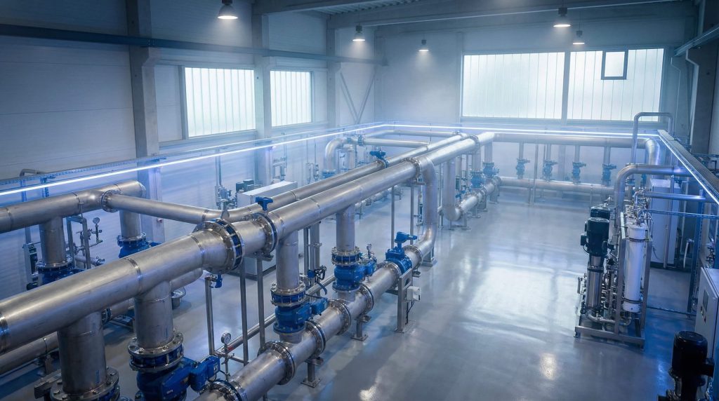 Interior view of a modern industrial facility featuring a complex network of stainless steel pipes, blue control valves, and filtration equipment.
