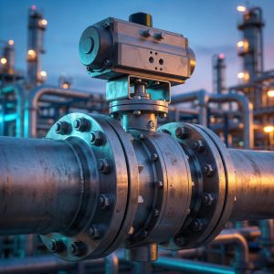 Automated ball valve installed on an industrial pipeline with factory facility in the background