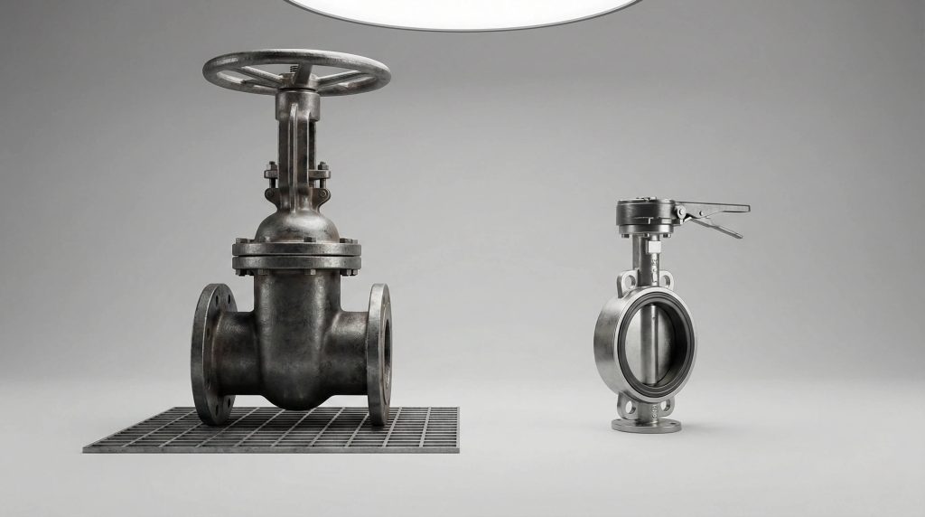 Side-by-side comparison of a traditional large gate valve and a compact stainless steel butterfly valve on a neutral background