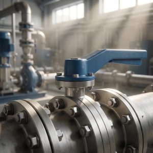 Manual ball valve with blue lever handle installed on a stainless steel industrial pipeline system