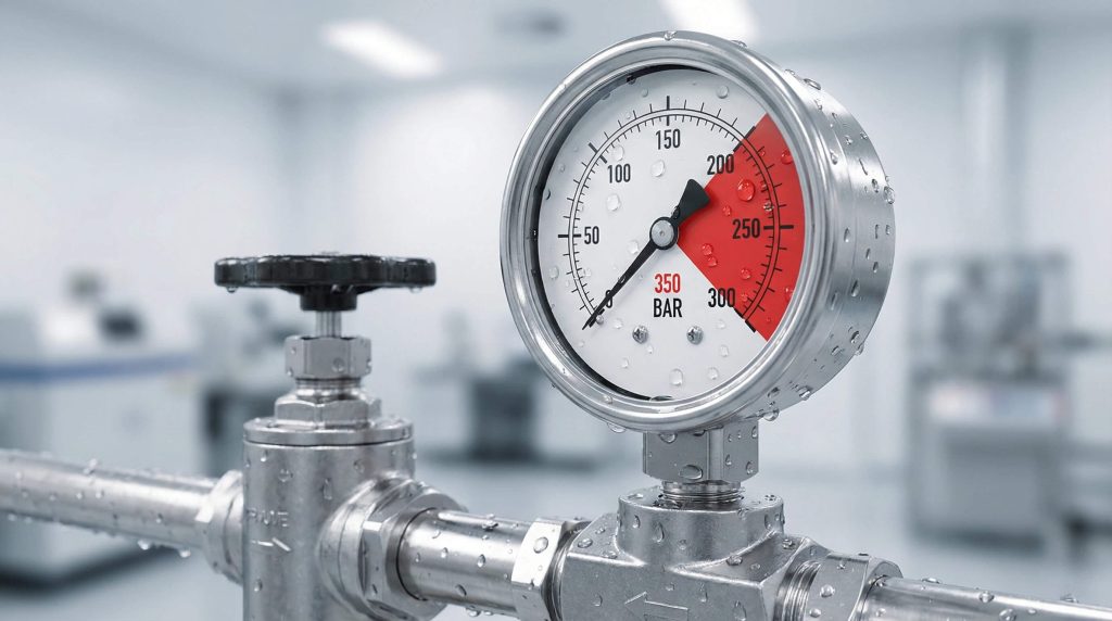 High-pressure gauge showing 350 bar mounted on a stainless steel pipeline in a controlled industrial environment