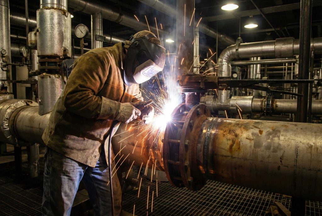 Professional welder fusing a butt-weld butterfly valve to a high-pressure steam pipeline in a power plant setting.