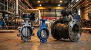 Different types of industrial butterfly valves including wafer, lug, and double flanged styles arranged on a factory floor.