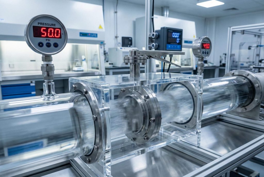 A sanitary butterfly valve mounted in a clear acrylic pipe section with digital pressure gauges reading 50.0 PSI and 49.0 PSI for flow capacity testing.
