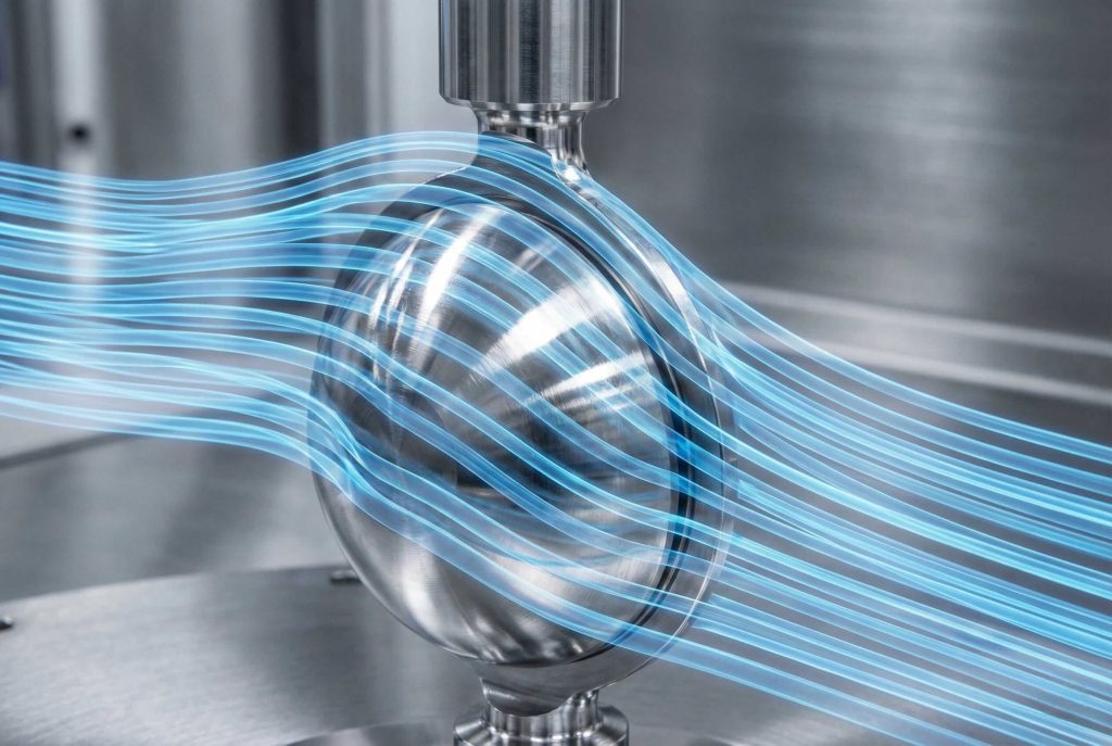 Stainless steel butterfly valve disc with blue hydrodynamic flow lines illustrating low turbulence.